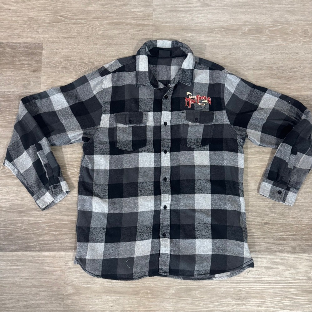 Burnside Flannel Shirt Mens XL Black Gray Mac Tools Rock N Rods Graphic Plaid